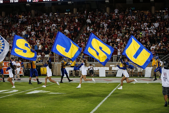 130907-Stanford-SanJose-032.JPG - Sept.7, 2013; Stanford, CA, USA; San Jose State Spartans cheer leaaders prior to game against the Stanford Cardinal at  Stanford Stadium. Stanford defeated San Jose State 34-13.